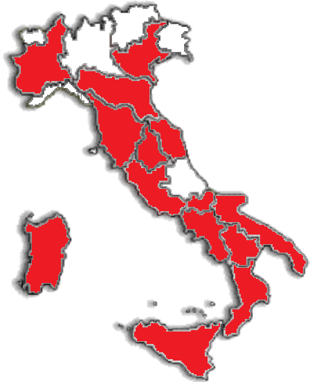Immagine Italia con colorate di rosso le regioni dove sono presenti le selezioni